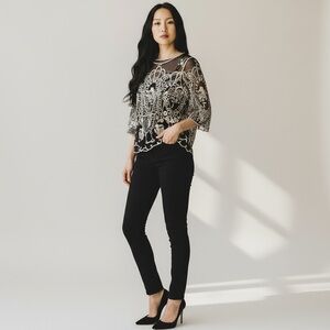 Women's M/L Black Mesh Sheer White Embroidered Overlay Causal Scalloped Top